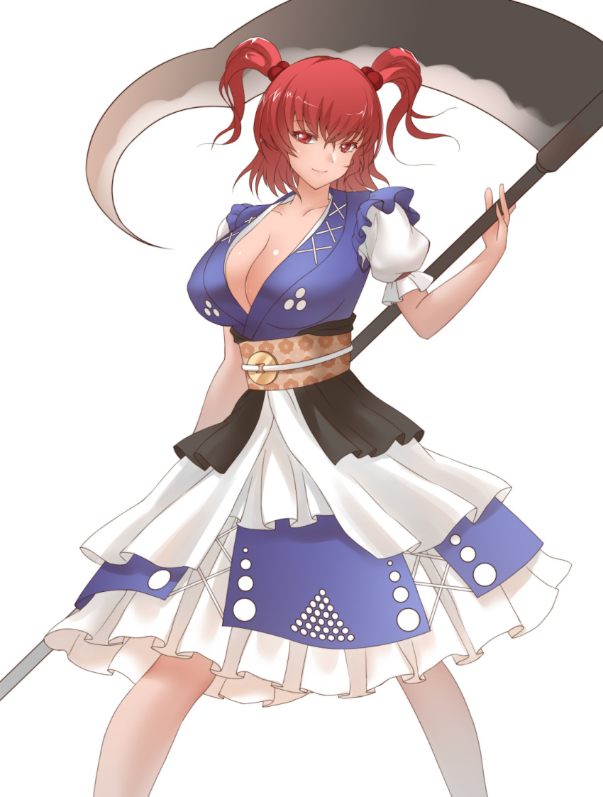 1girl breasts cleavage coin collarbone hair_bobbles hair_ornament highres large_breasts obi onozuka_komachi puffy_short_sleeves puffy_sleeves red_eyes redhead sash scythe shirt short_sleeves skirt smile solo touhou two_side_up x&amp;x&amp;x