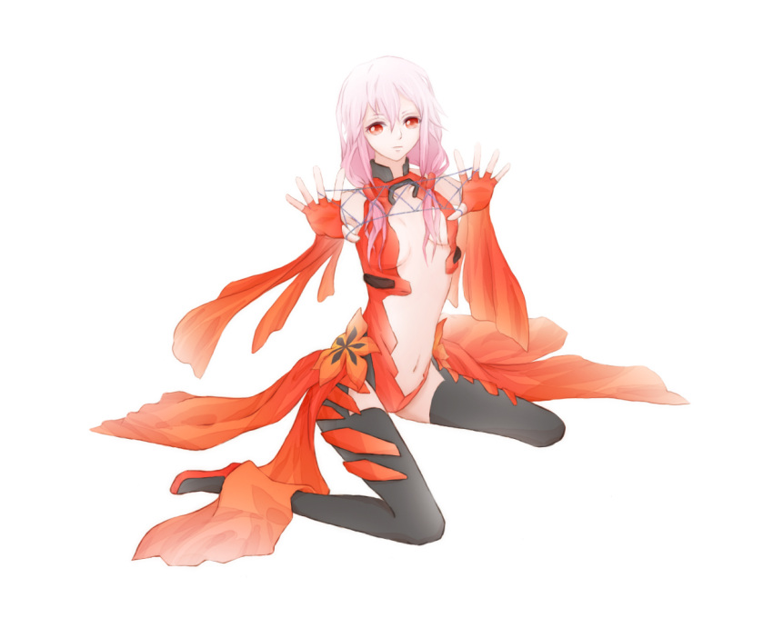 1girl bare_shoulders black_legwear breasts cat's_cradle center_opening cleavage detached_sleeves elbow_gloves fingerless_gloves gloves guilty_crown hair_ornament hairclip long_hair looking_at_viewer navel pink_hair red_eyes sitting solo thigh-highs twintails wariza yuzuriha_inori