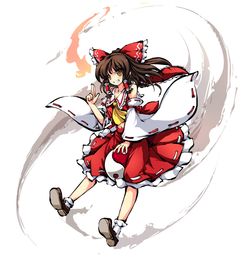 1girl :d ascot bow brown_eyes brown_hair detached_sleeves grin hair_bow hair_ribbon hair_tubes hakurei_reimu highres long_hair looking_at_viewer ms06s nontraditional_miko open_mouth ribbon smile solo touhou