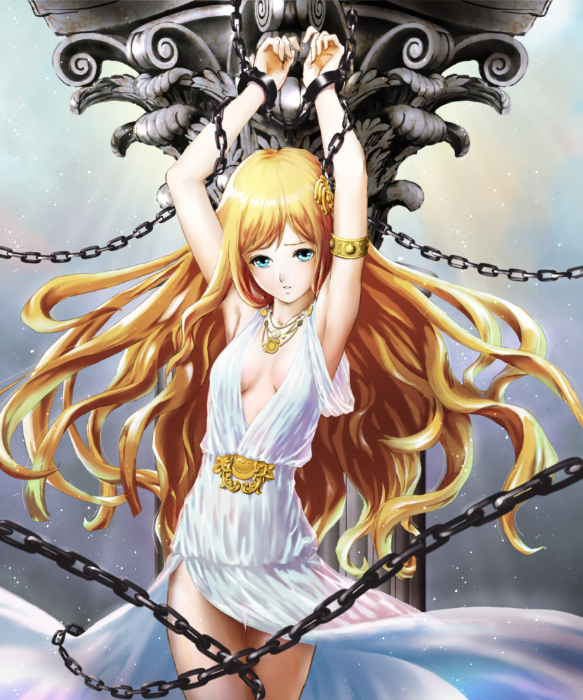 101_(lo10) 1girl andromeda aqua_eyes arm_strap armpits arms_up blonde_hair bracelet breasts chain chained cuffs dress hair_ornament highres jewelry long_hair pillar shackles shingoku_no_valhalla_gate sleeveless sleeveless_dress solo very_long_hair white_dress