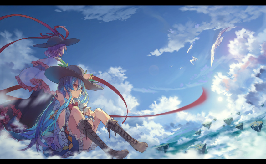 2girls bird blue_hair blue_sky boots capelet clouds cross-laced_footwear floating_rock flying food fruit hand_in_hair hat hat_ribbon hinanawi_tenshi landscape letterboxed long_hair multiple_girls nagae_iku peach puffy_short_sleeves puffy_sleeves purple_hair red_eyes ribbon shirt short_sleeves sitting skirt sky touhou very_long_hair yayin_(yayin233)