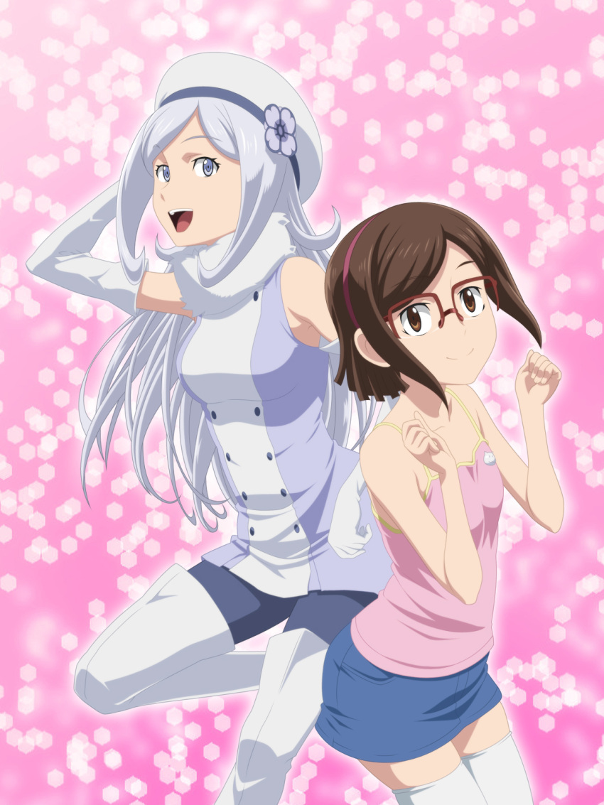 1girl 2girls aila_jyrkiainen bare_shoulders beret blue_eyes blush boots breasts brown_eyes brown_hair elbow_gloves glasses gloves gundam gundam_build_fighters hairband hat highres kousaka_china long_hair looking_at_viewer multiple_girls over-rim_glasses pantyhose red-framed_glasses semi-rimless_glasses short_hair silver_hair smile smile_(rz) thigh-highs thigh_boots