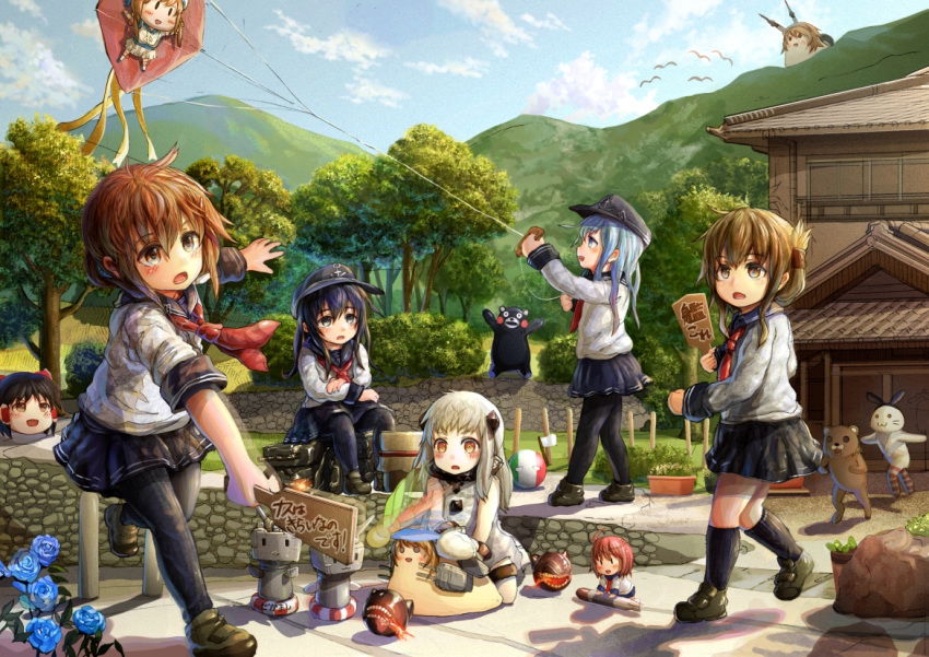 5girls :d akatsuki_(kantai_collection) artist_request bear character_request countryball crossover error_musume flower girl_holding_a_cat_(kantai_collection) hakurei_reimu hanetsuki hat hibiki_(kantai_collection) horns i-58_(kantai_collection) ikazuchi_(kantai_collection) inazuma_(kantai_collection) italyball kantai_collection kite long_hair mittens multiple_crossover multiple_girls mutsu_(kantai_collection) mutsu_(snail) new_year northern_ocean_hime open_mouth pedobear rensouhou-chan rose school_uniform serafuku shimakaze_(kantai_collection) shinkaisei-kan short_hair sitting smile snail touhou translated yukkuri_shiteitte_ne