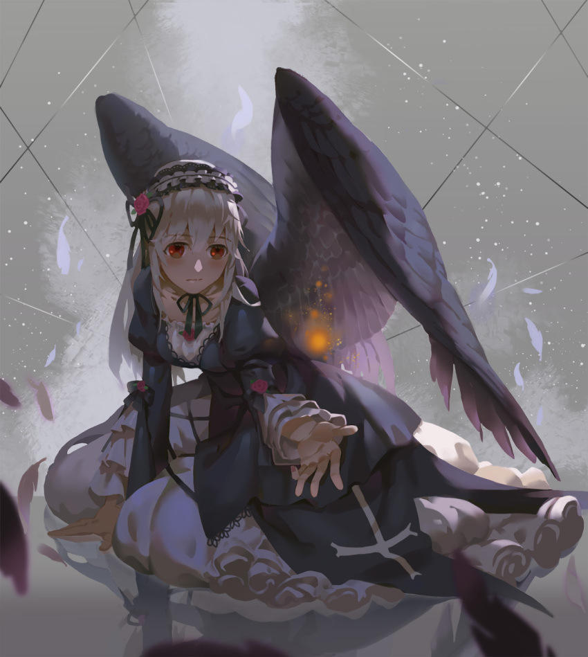 1girl black_ribbon black_wings blush collarbone cross dress feathered_wings feathers flower gothic_lolita hairband highres lolita_fashion long_hair long_sleeves pink_rose puffy_long_sleeves puffy_sleeves red_eyes ribbon rose rozen_maiden sawana solo suigintou white_hair wings