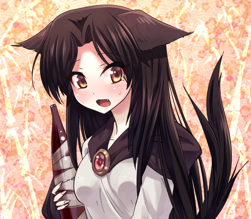 1girl animal_ears blush bottle brooch brown_eyes brown_hair bust drunk fang imaizumi_kagerou jewelry long_sleeves open_mouth sake_bottle shirt solo tail touhou volcano_(artist) werewolf wolf_ears wolf_tail