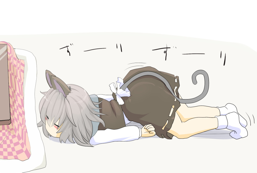 1girl =_= animal_ears bangs blush_stickers capelet closed_eyes commentary crawling from_side full_body grey_hair highres ishikkoro kotatsu long_sleeves mouse_ears mouse_tail nazrin no_nose short_hair socks solo table tail touhou