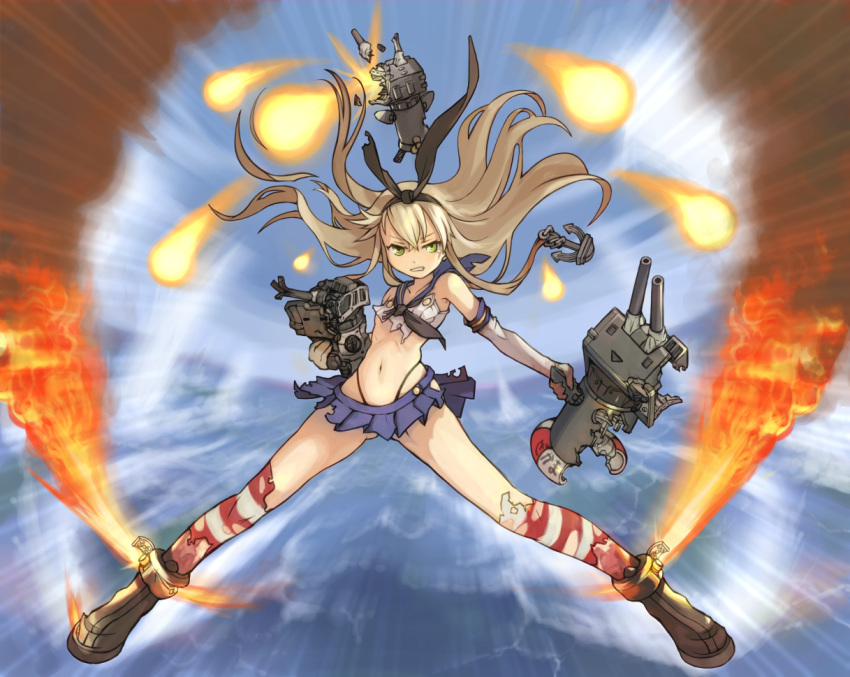 1girl action bare_shoulders black_panties blonde_hair boots elbow_gloves fire gloves hair_ornament hairband kantai_collection long_hair ocean panties rensouhou-chan shimakaze_(kantai_collection) skirt sky sleeveless sleeveless_shirt striped striped_legwear thigh-highs torn_clothes torn_shirt torn_skirt torn_thighhighs underwear white_gloves