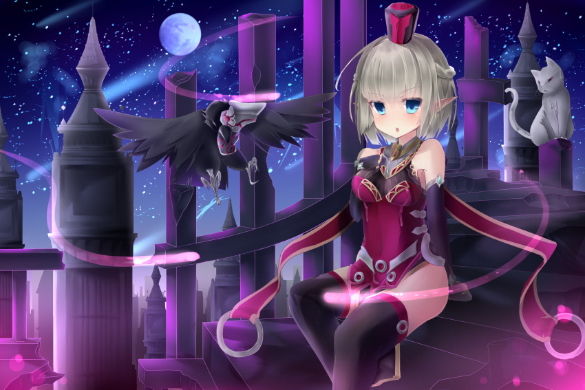 1girl allure_queen aqua_eyes bare_shoulders bird cat city crow d.d._crow detached_sleeves duel_monster full_moon hat highres looking_at_viewer moon open_mouth pillar pointy_ears silver_hair silyouta1120 sitting_on_stairs sky star_(sky) starry_sky tabard thigh-highs yuu-gi-ou