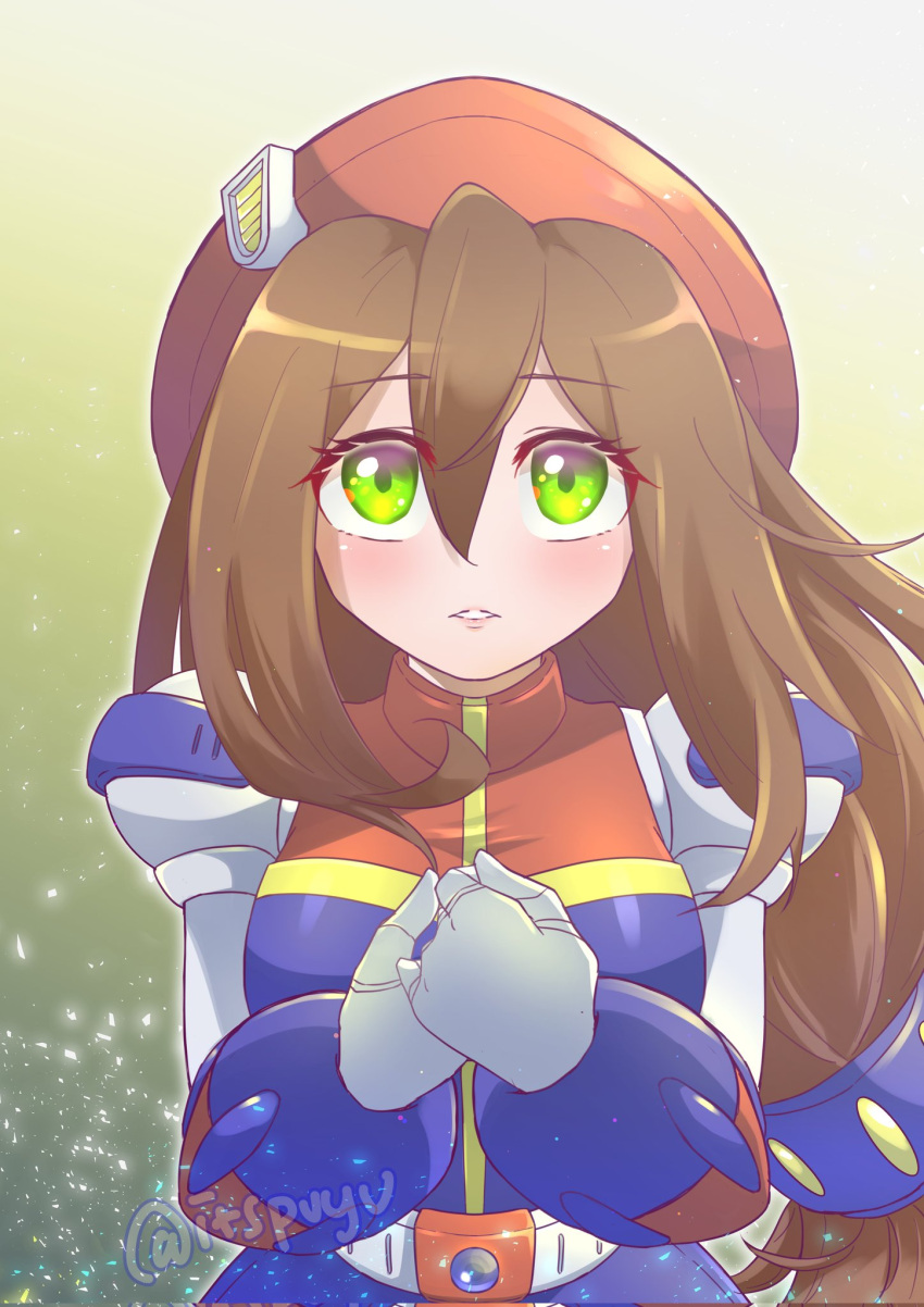 1girl beret blush brown_hair commentary corrupted_twitter_file english_commentary green_eyes hair_between_eyes hat highres iris_(mega_man) long_hair looking_at_viewer low-tied_long_hair mega_man_(series) mega_man_x_(series) own_hands_together parted_lips pupuypuyu red_hat robot_girl solo twitter_username