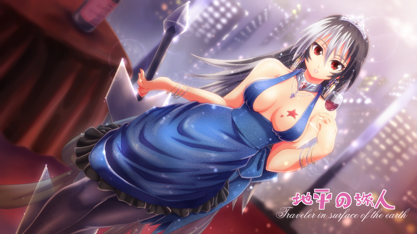 1girl borrowed_character breasts cleavage cup dress highres long_hair multicolored_hair original pantyhose red_eyes solo sword tennouji_masamichi two-tone_hair weapon wine_glass