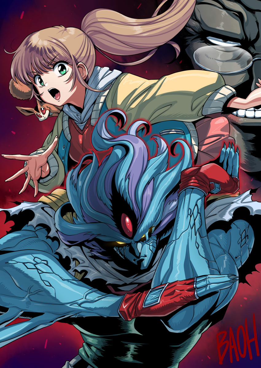 1girl 2boys absurdres arm_blade baoh baoh_raihousha black_vest blue_hair blue_jacket blue_skin brown_hair colored_skin commentary_request cracked_skin creature dr._kasuminome evil_grin evil_smile finger_claws fingerless_gloves forehead_jewel glasses gloves green_eyes grin highres hood hoodie jacket long_hair multicolored_jacket multiple_boys muscular muscular_male nozzo_(baoh) open_mouth ponytail purple_background red_background red_gloves red_sweater shirt simple_background smile solid_eyes sumire_(baoh) sweater torn_clothes torn_shirt tukiwani two-tone_background two-tone_jacket vest weapon white_hoodie yellow_eyes yellow_jacket