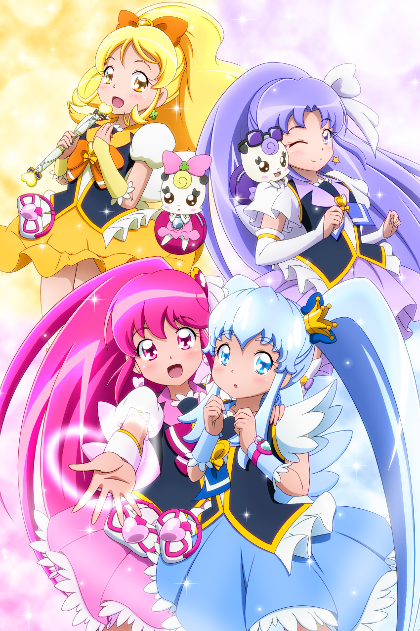 4girls ;) absurdres aino_megumi blonde_hair blue_eyes blue_hair bow choker closed_eyes crown cure_fortune cure_honey cure_lovely cure_princess earrings hair_ornament hair_ribbon happinesscharge_precure! heart heart_hair_ornament highres hikawa_iona jewelry long_hair magical_girl multiple_girls one_eye_closed oomori_yuuko open_mouth outstretched_arm pink_eyes pink_hair ponytail precure purple_hair ribbon shirayuki_hime skirt smile twintails violet_eyes yellow_eyes
