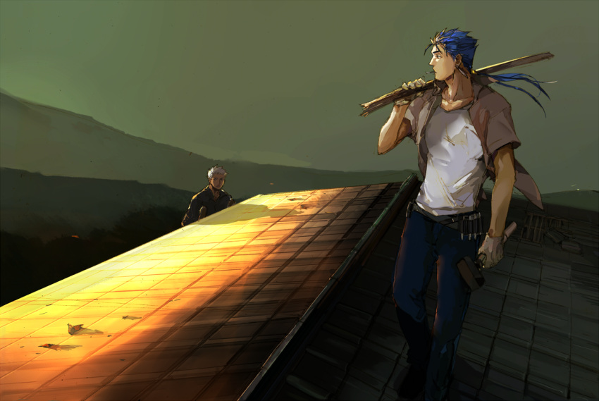 2boys archer blue_hair casual crimo dark_skin fate/stay_night fate_(series) lancer multiple_boys rooftop white_hair