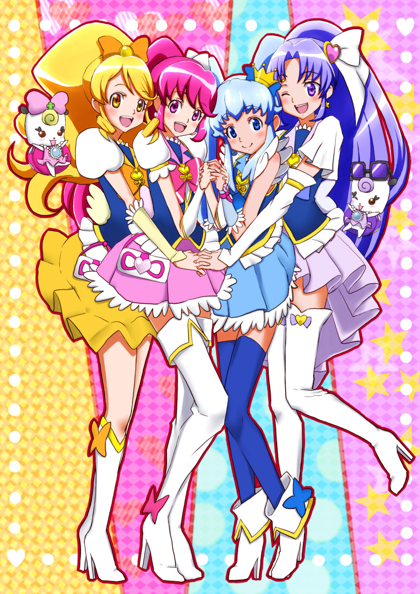 4girls absurdres aino_megumi blonde_hair blue_eyes blue_hair bow choker crown cure_fortune cure_honey cure_lovely cure_princess earrings hair_ornament hair_ribbon happinesscharge_precure! heart heart_hair_ornament highres hikawa_iona jewelry long_hair magical_girl multiple_girls oomori_yuuko open_mouth precure ribbon