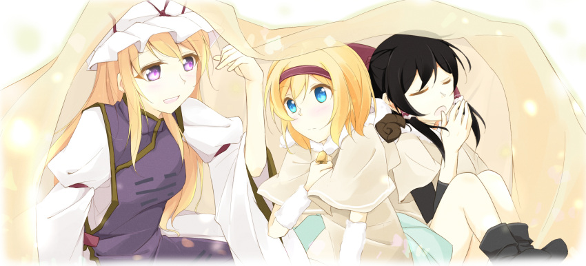 3girls alice_margatroid alternate_costume arm_warmers armband bell black_hair blonde_hair blue_eyes blush boots bow breasts capelet closed_eyes dress faech glowing glowing_eyes hair_bow hair_tubes hakurei_reimu hat hat_ribbon highres holding_clothes hood_down long_hair long_sleeves looking_at_another mob_cap multiple_girls open_mouth pillow ribbon sheep_hood short_hair sitting snowing tabard talking tongue touhou under_covers violet_eyes white_background white_dress wide_sleeves yakumo_yukari yawning