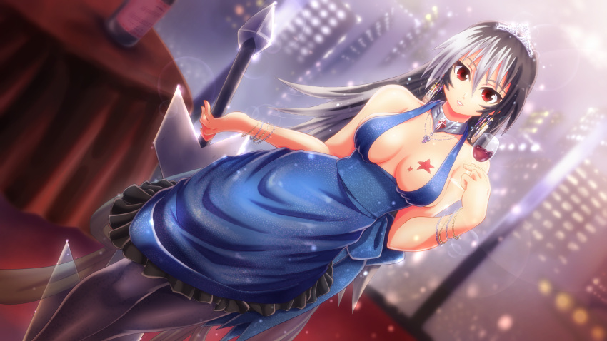 1girl borrowed_character breasts cleavage cup dress highres long_hair multicolored_hair original pantyhose red_eyes solo sword tennouji_masamichi two-tone_hair weapon wine_glass