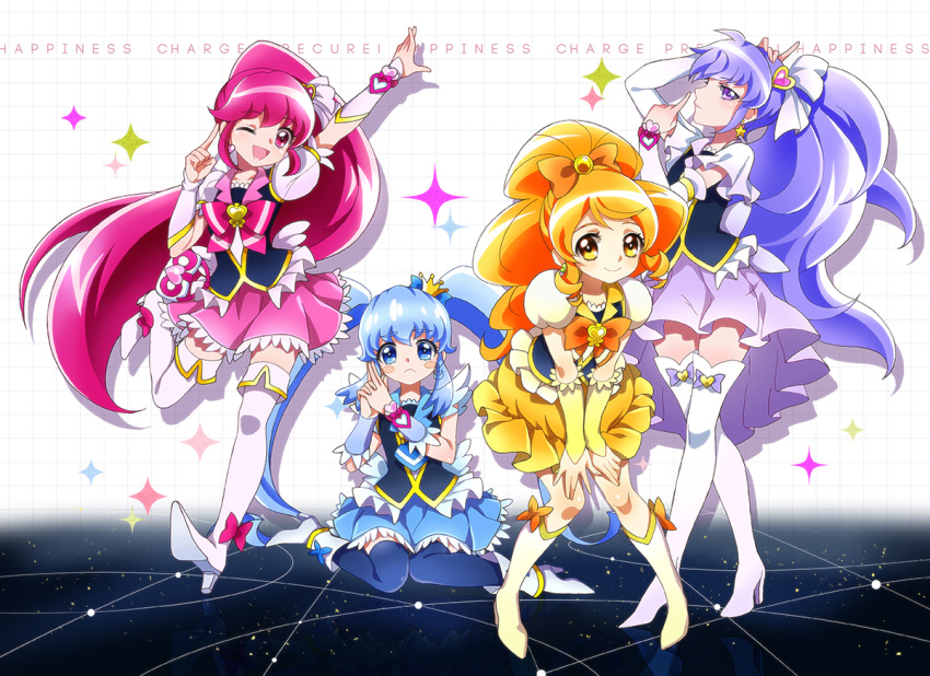 4girls ;d aino_megumi blonde_hair blue_eyes blue_hair blue_skirt blush blush_stickers boots bow choker crown cure_fortune cure_honey cure_lovely cure_princess earrings hair_ornament hair_ribbon happinesscharge_precure! heart heart_hair_ornament hikawa_iona hoshi_(xingspresent) jewelry long_hair looking_at_viewer magical_girl multiple_girls one_eye_closed oomori_yuuko open_mouth pink_eyes pink_hair pink_skirt ponytail precure purple_hair ribbon shirayuki_hime skirt smile text thigh-highs twintails violet_eyes white_legwear wrist_cuffs yellow_eyes