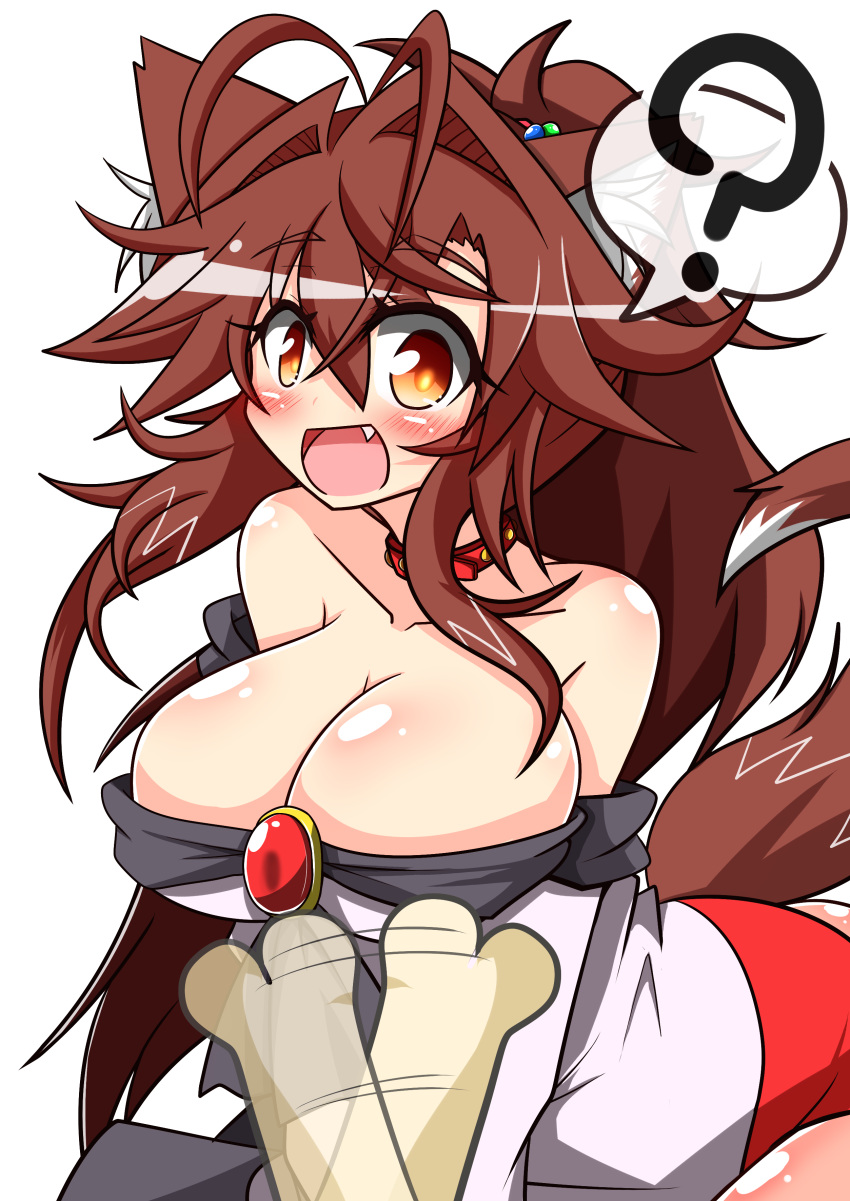 1girl ? absurdres animal_ears bare_shoulders bone breasts brooch brown_eyes brown_hair cleavage collarbone fang highres imaizumi_kagerou jewelry large_breasts long_sleeves looking_at_viewer off_shoulder open_mouth ponytail rindou_(p41neko) shirt sitting skirt solo spoken_question_mark tail touhou v_arms werewolf wide_sleeves wolf_ears wolf_tail