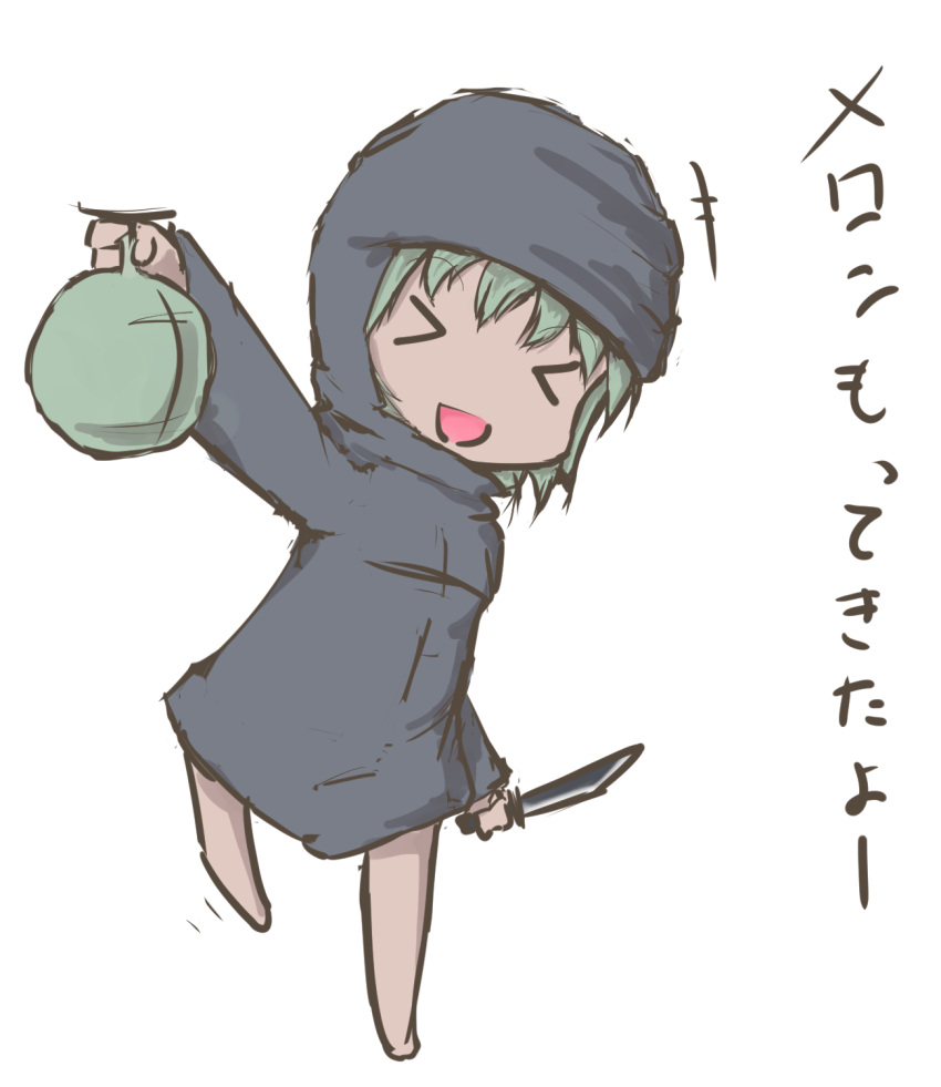 &gt;_&lt; :d :| barefoot chibi dark_skin food fruit green_hair highres holding holding_food holding_fruit holding_up isis-chan knife melon open_mouth real_life robe simple_background smile translation_request transparent_background