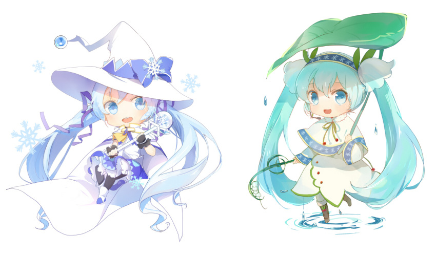 2girls aqua_eyes aqua_hair blue_eyes blue_hair cape chibi fingerless_gloves giant_leaf gloves hair_ribbon hat hatsune_miku long_hair multiple_girls open_mouth pantyhose ribbon skirt snowflakes twintails very_long_hair vocaloid wand witch_hat xuehua yuki_miku