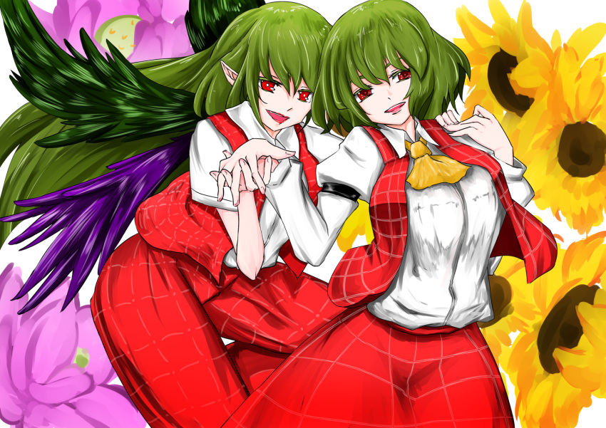 armband ascot colored_eyelashes dual_persona fang floral_background flower green_hair head_tilt head_to_head highres holding_hands kazami_yuuka long_hair long_sleeves looking_at_viewer negataipa open_clothes open_mouth open_vest plaid plaid_pants plaid_skirt plaid_vest red_eyes seihou short_hair short_sleeves skirt smile sunflower touhou vest white_background wings