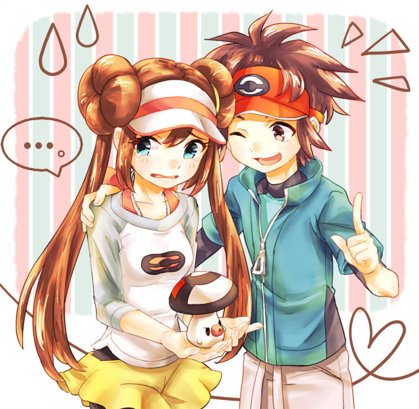 ... 1boy 1girl black_legwear blue_eyes blush brown_eyes brown_hair double_bun foongus hand_on_another's_shoulder heart heart_of_string highres jacket jewelry kyouhei_(pokemon) long_hair looking_away mei_(pokemon) minku_(pixiv) necklace open_mouth pantyhose pokemon pokemon_special raglan_sleeves short_hair shorts striped striped_background sweatdrop twintails very_long_hair visor_cap