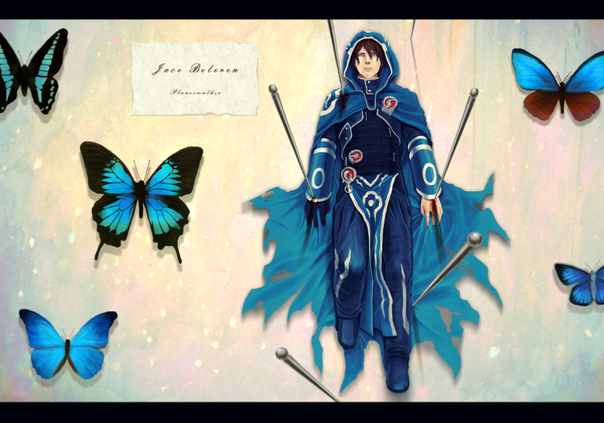 blood blue_eyes brown_hair butterfly cape highres hood hooded_cloak jace_beleren magic:_the_gathering male_focus nostrils nuuun open_eyes pin pinned solo