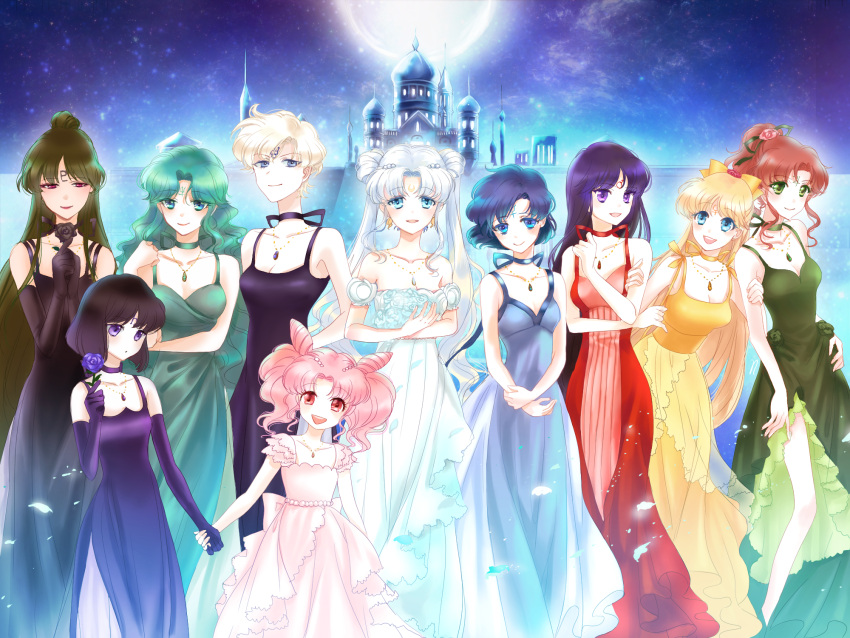 6+girls aino_minako aqua_hair bishoujo_senshi_sailor_moon black_dress black_hair black_rose blonde_hair blue_dress blue_eyes blue_hair bow brown_hair castle chibi_usa choker double_bun dress facial_mark flower forehead_mark gloves green_dress green_eyes green_hair hair_bow hair_bun hair_ornament hairpin highres hino_rei jewelry jupiter_symbol kaiou_michiru kino_makoto long_hair mars_symbol meiou_setsuna mercury_symbol mizuno_ami multiple_girls necklace neptune_symbol noriko_puracross orange_dress pink_hair pluto_symbol ponytail princess_jupiter princess_mars princess_mercury princess_neptune princess_pluto princess_saturn princess_serenity princess_uranus princess_venus purple_dress purple_rose red_dress red_eyes rose saturn_symbol short_hair small_lady_serenity smile ten'ou_haruka tomoe_hotaru tsukino_usagi twintails uranus_symbol venus_symbol violet_eyes white_dress white_hair white_rose