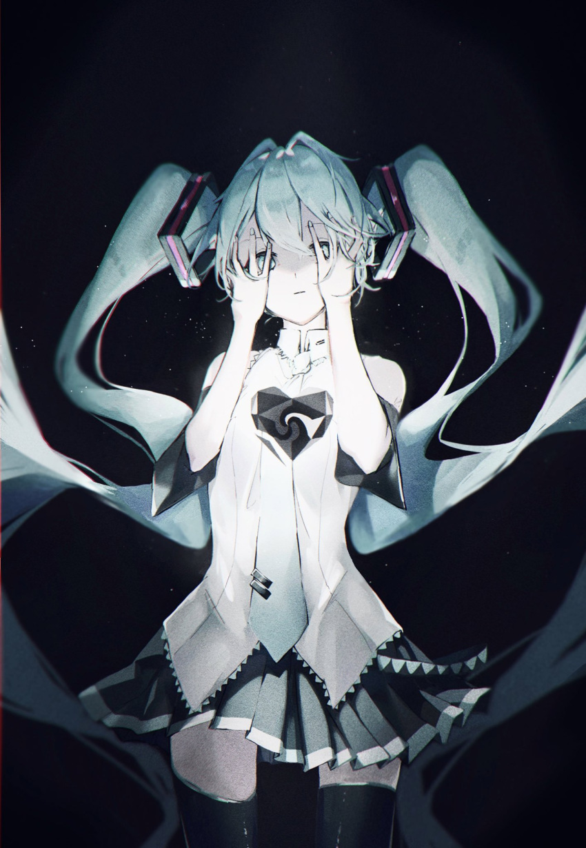 1girl :| aqua_eyes aqua_hair aqua_nails aqua_necktie bangs black_background black_sleeves closed_mouth collared_shirt covering_eyes detached_sleeves floating_hair glowing_heart grey_shirt hair_between_eyes hair_intakes hair_ornament hands_on_own_face hatsune_miku high_contrast highres limited_palette long_hair necktie number_tattoo pleated_skirt saksak_mocchiri shirt skirt sleeveless sleeveless_shirt solo standing tattoo thigh-highs tie_clip twintails unknown_mother_goose_(vocaloid) very_long_hair vocaloid wowaka