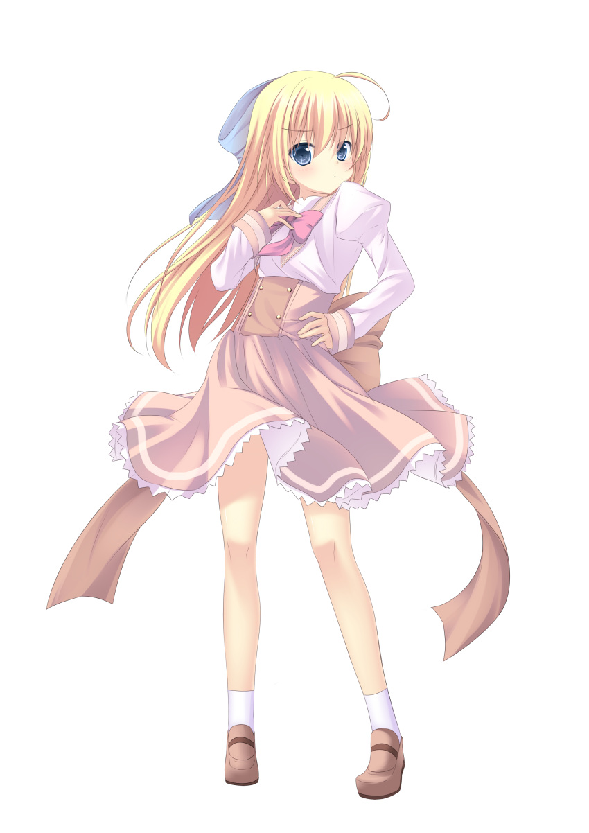 :&lt; absurdres blonde_hair blue_eyes dress hand_on_own_chest highres leanbox long_hair original ribbon shoes simple_background white_background