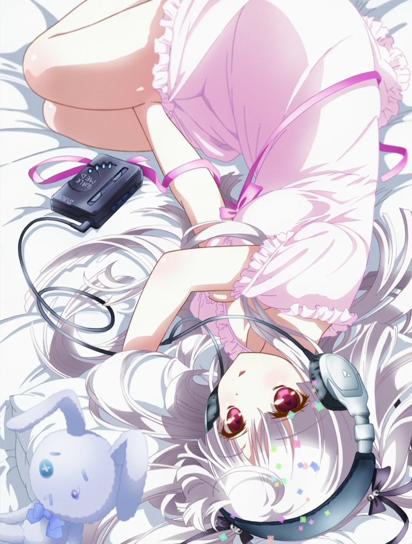 absolute_duo bed cassette_player headphones highres long_hair nightgown red_eyes screencap silver_hair stuffed_animal stuffed_toy yurie_sigtuna