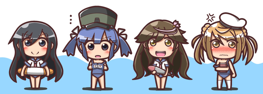 &gt;:) &gt;:d ... 4girls :d alternate_costume arashio_(kantai_collection) asashio_(kantai_collection) black_eyes black_hair blue_hair blush brown_eyes brown_hair c: chibi cosplay double_bun embarrassed feiton hair_ornament hat highres holding i-168_(kantai_collection) i-168_(kantai_collection)_(cosplay) i-19_(kantai_collection) i-19_(kantai_collection)_(cosplay) i-58_(kantai_collection) i-58_(kantai_collection)_(cosplay) i-8_(kantai_collection) i-8_(kantai_collection)_(cosplay) innertube kantai_collection long_hair looking_at_viewer michishio_(kantai_collection) multiple_girls name_tag ooshio_(kantai_collection) open_mouth school_swimsuit school_uniform serafuku short_hair smile swimsuit swimsuit_under_clothes torpedo twintails wavy_mouth