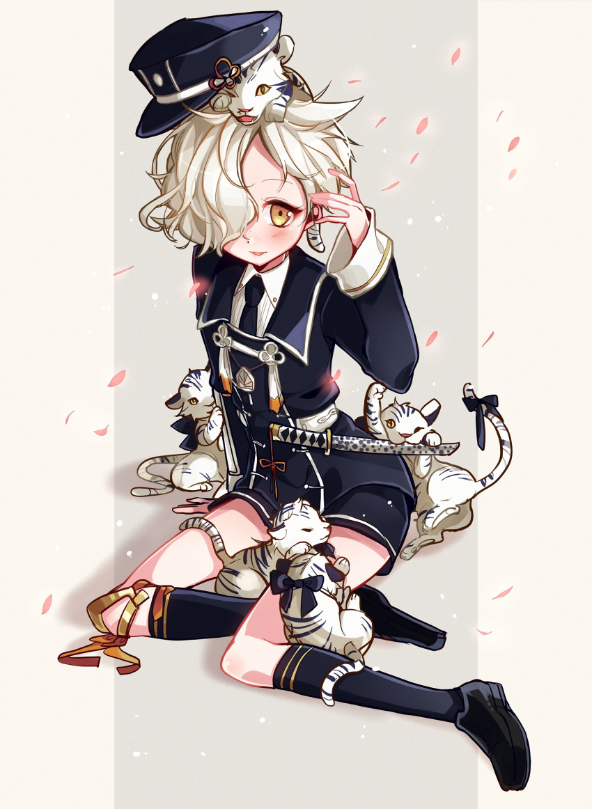 1boy blonde_hair gokotai_(touken_ranbu) hair_over_one_eye hat highres male_focus necktie nou sheath sheathed shoes shorts sitting socks solo sword tantou tiger tiger_cub touken_ranbu weapon white_tiger yellow_eyes