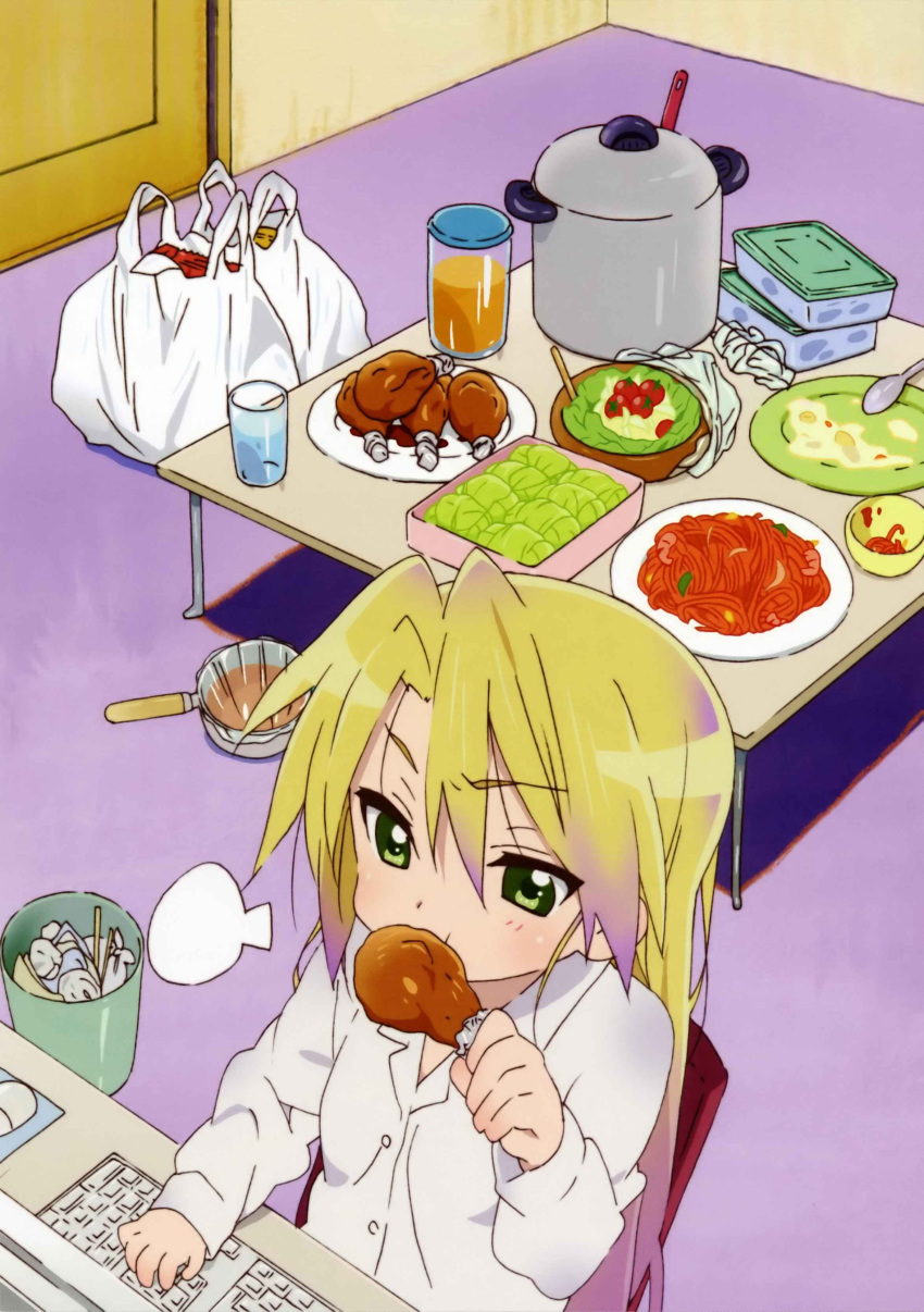 blonde_hair computer eating feast green_eyes groceries highres kuroi_nanako lonely lucky_star multicolored_hair solo tsurime