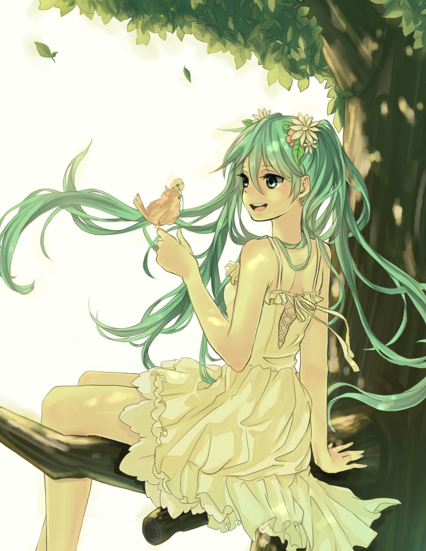 1girl absurdres bird dress flower green_eyes green_hair hair_flower hair_ornament hatsune_miku highres in_tree long_hair open_mouth run_(sweettimehappy) sitting sitting_in_tree solo tree twintails vocaloid