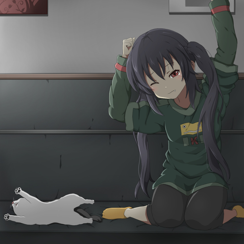 cat couch fang highres k-on! kneeling long_hair maazyu nakano_azusa red_eyes socks solo stretch tears twintails