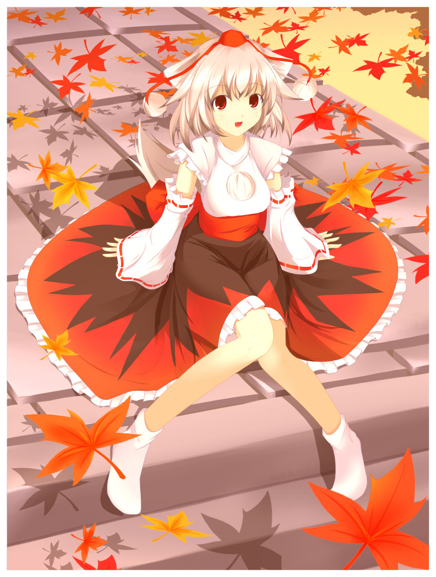 autumn chus detached_sleeves fang hat highres inubashiri_momiji leaf leaves maple_leaf red_eyes short_hair silver_hair sitting tail tokin_hat touhou wolf_ears wolf_tail