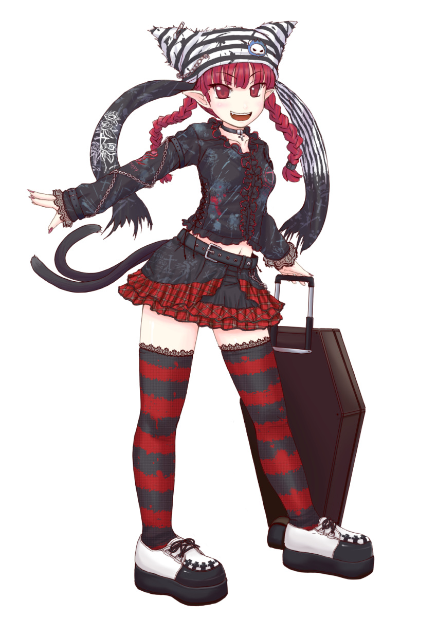 braid cat_ears cat_tail hat highres kaenbyou_rin midriff multiple_tails neru_fia pointy_ears red_eyes red_hair redhead short_hair solo striped striped_legwear striped_thighhighs tail thigh-highs thighhighs touhou twin_braids twintails zettai_ryouiki