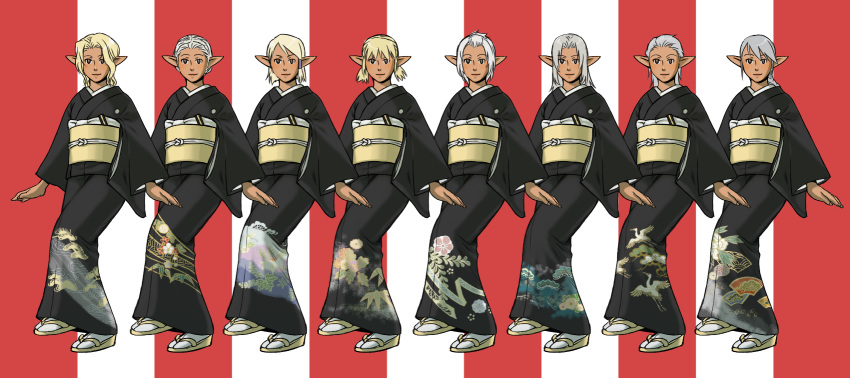 blonde_hair brown_eyes commentary elf elvaan final_fantasy final_fantasy_xi japanese_clothes kakanat pointy_ears translation_request white_hair
