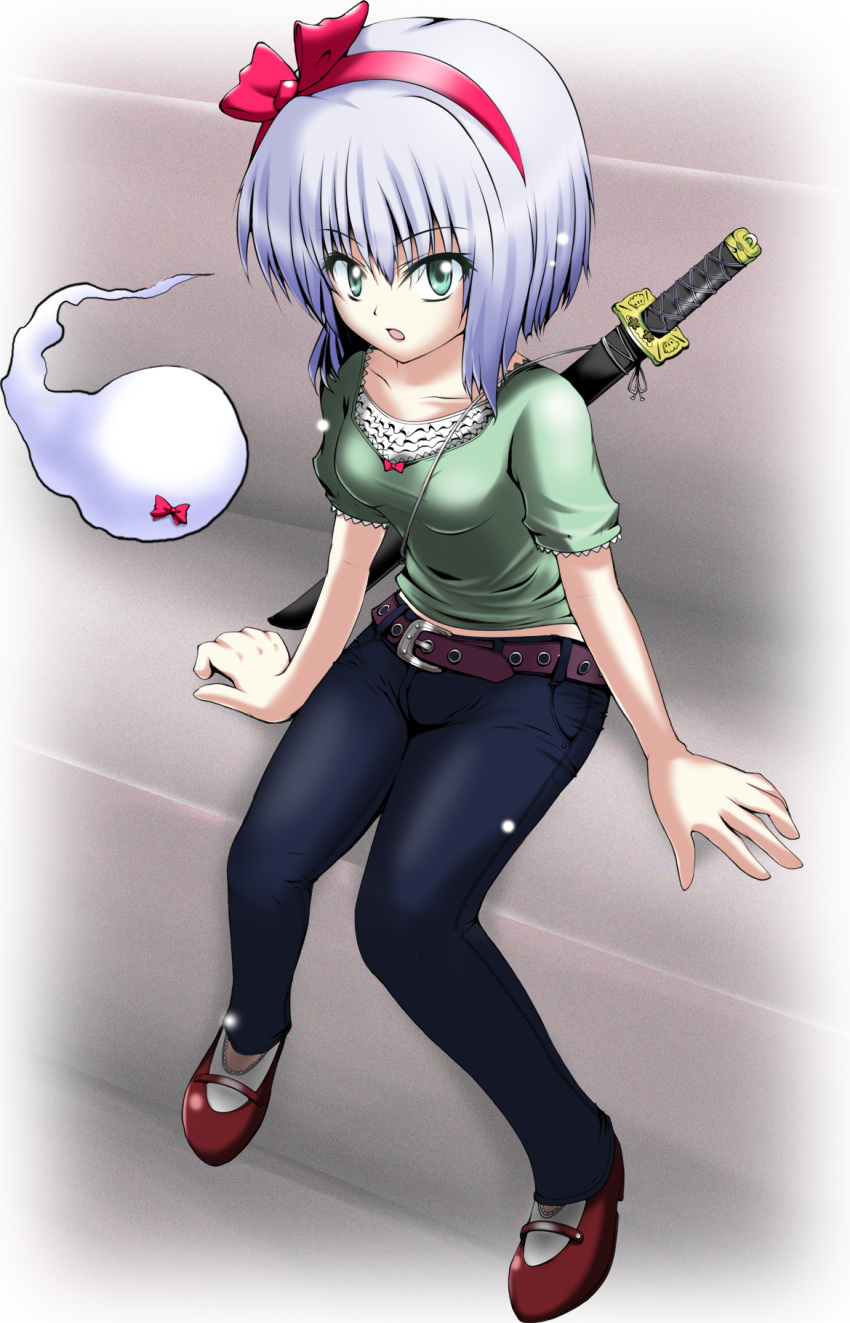 blue_eyes casual contemporary ghost hairband highres jeans katana konpaku_youmu konpaku_youmu_(ghost) mocchi myon sheath sheathed short_hair silver_hair solo sword touhou weapon