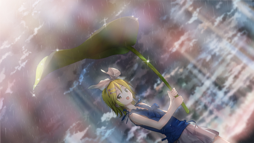 hair_ornament hair_ribbon hairclip kagamine_rin nagareboshi rain rainbow ribbon short_hair skirt umbrella vocaloid yellow_eyes