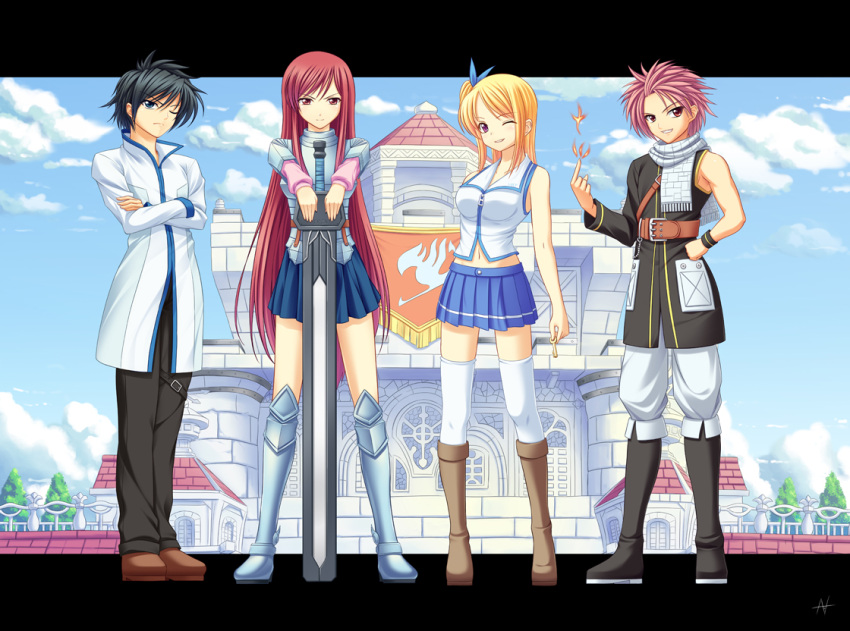 bad_id black_hair blonde_hair blue_eyes erza_scarlet fairy_tail gray_fullbuster lucy_heartfilia lucy_heartphilia natsu_dragneel natsu_dragonil red_eyes red_hair redhead skirt sword thigh-highs thighhighs weapon wink