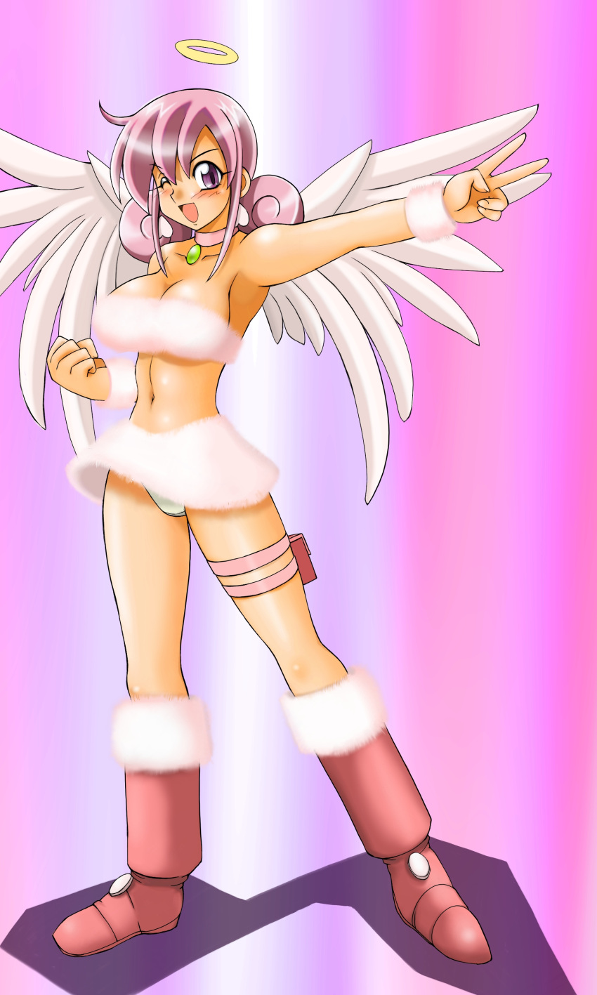 boots choker cosplay duel_masters halo navel pink_hair skirt tasogare_mimi violet_eyes wings wink