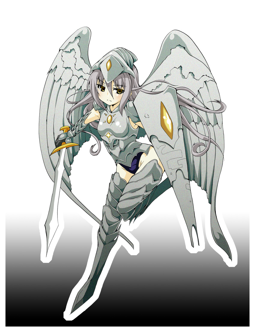 absurdres angel angel_wings armor armored_dress armpits breastplate frown gauntlets greaves grey_hair highres hoshino_souichirou long_hair magic:_the_gathering metal_wings personification plate_armor platinum_angel school_swimsuit shield swimsuit sword thigh-highs weapon wings yellow_eyes zettai_ryouiki