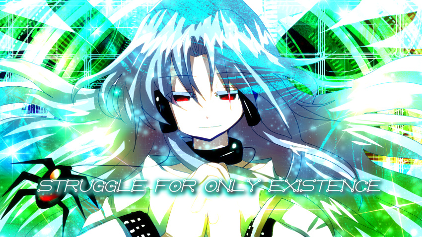 1girl choker colored_eyelashes d_byte dress hands_clasped highres jewelry long_hair necklace red_eyes robe seihou smile solo white_hair yuitia