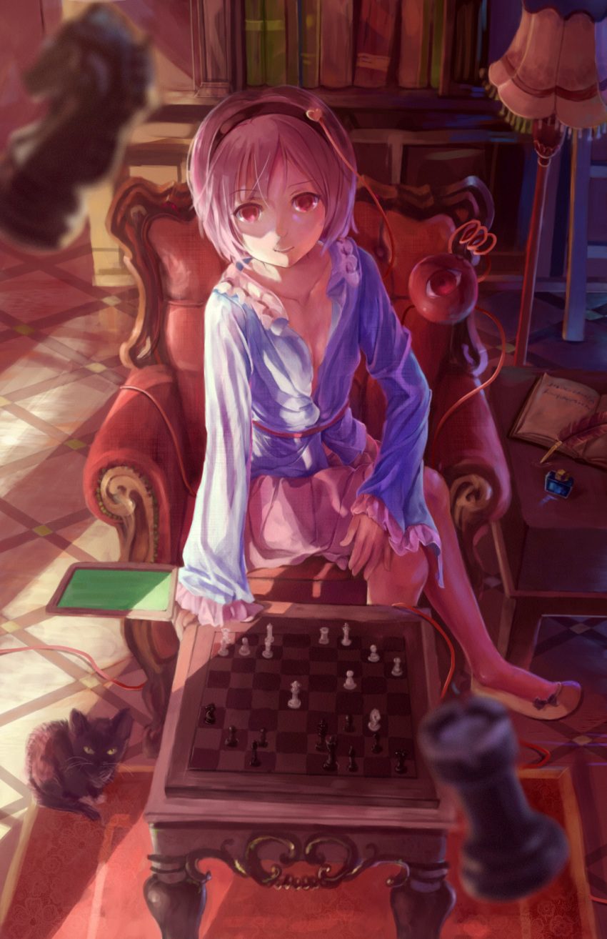 1girl board_game bookshelf cat chair chess chess_piece chessboard collarbone downblouse eyeball hairband heart highres ink_bottle komeiji_satori lamp long_sleeves notebook open_clothes open_shirt pink_eyes pink_hair pupil_g shirt skirt smile solo table third_eye tile_floor tiles touhou wide_sleeves