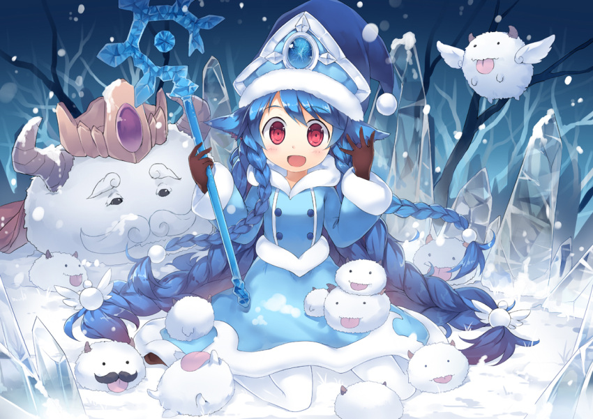 1girl :d blue_hair braid coat fred04142 hat league_of_legends long_hair looking_at_viewer lulu_(league_of_legends) open_mouth red_eyes sitting smile solo staff twin_braids wariza winter_clothes winter_coat witch_hat