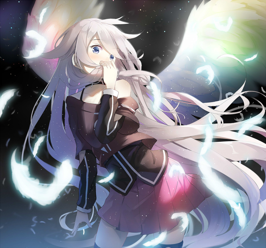 1girl alexmaster blue_eyes choker feathers highres ia_(vocaloid) long_hair skirt solo star thigh-highs vocaloid white_hair wings zettai_ryouiki