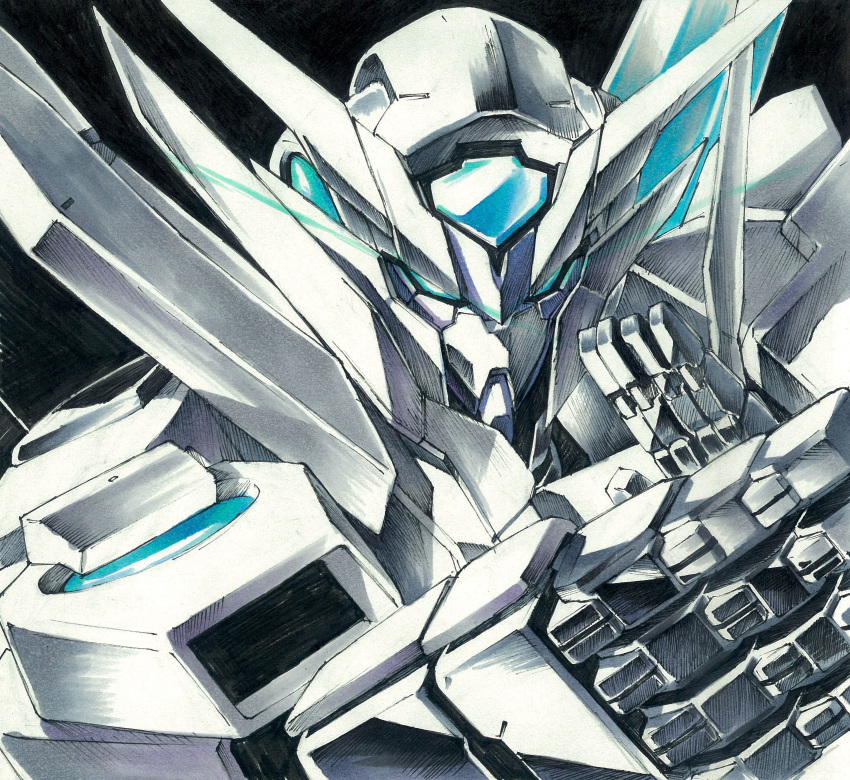 absurdres black_background daue fighting_stance gundam gundam_build_fighters gundam_build_fighters_try highres mecha solo traditional_media transient_gundam