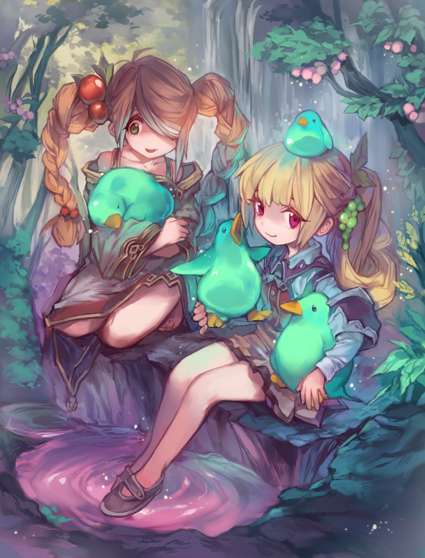2girls berries bird blonde_hair braid brown_hair collarbone fantasy forest green_eyes hair_bobbles hair_ornament highres holding lee_hyeseung light_particles multiple_girls nature one_eye_covered original pink_eyes ponytail puddle ripples sitting sitting_on_head sitting_on_person sleeping sleeping_on_person smile twin_braids water waterfall